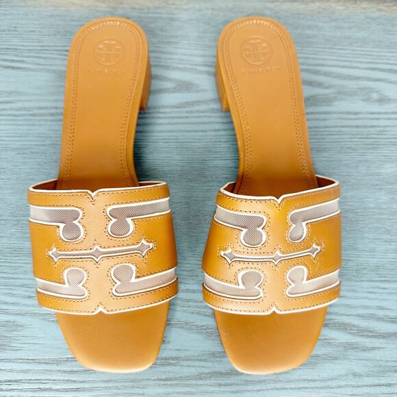Tory Burch Leather Stitched Logo Slide Heeled Sandal Cognac Brown 9 - Picture 3 of 9